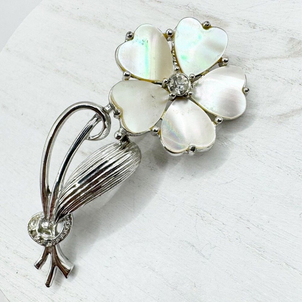 Vintage Flower Brooch With Heart Shaped Mother Of Pearl Petals Silver Tone MCM